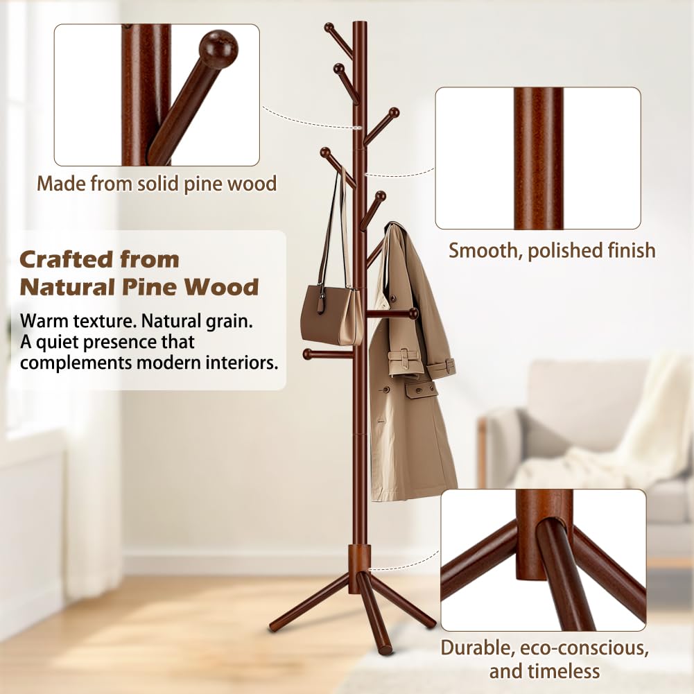 Arborus Wooden Coat Rack Freestanding, Adjustable Height Solid Wood Clothes Stand with 8 Ball-End Hooks, Stable Tripod Base, 5.7FT Floor Coat Tree for Entryway Bedroom Office, Brown