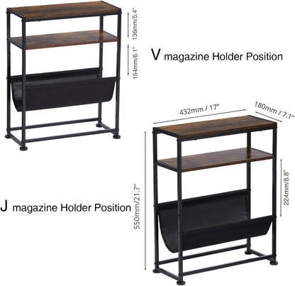 ZEXVIDA Narrow End Table with Magazine Rack, 2-Tier Slim Side Table for Small Spaces, Industrial Nightstand with Storage Sling for Living Room, Couch and Bedroom, Rustic Brown