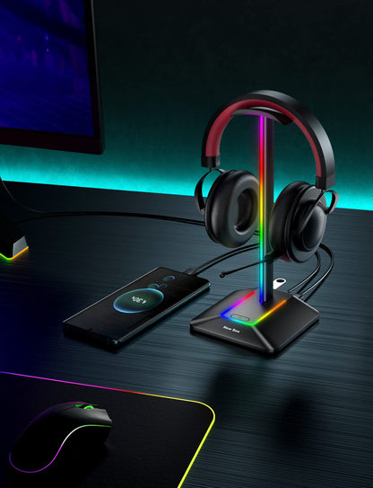 New Bee Headphone Stand with RGB Lighting, Sturdy Aluminum Gaming Headset Holder with USB-C & USB Charging Ports, Stable Desktop Earphone Stand for All Headphones Size, Black