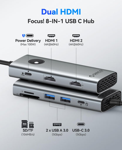 ORICO USB C Docking Station Dual Monitor, 8-in-1 Laptop Docking Station with 2 HDMI 4K@60Hz, 100W PD, USB-A&C 3.0, SD/TF, USB C Dock Compatible with MackBook/Dell XPS/HP/Surface