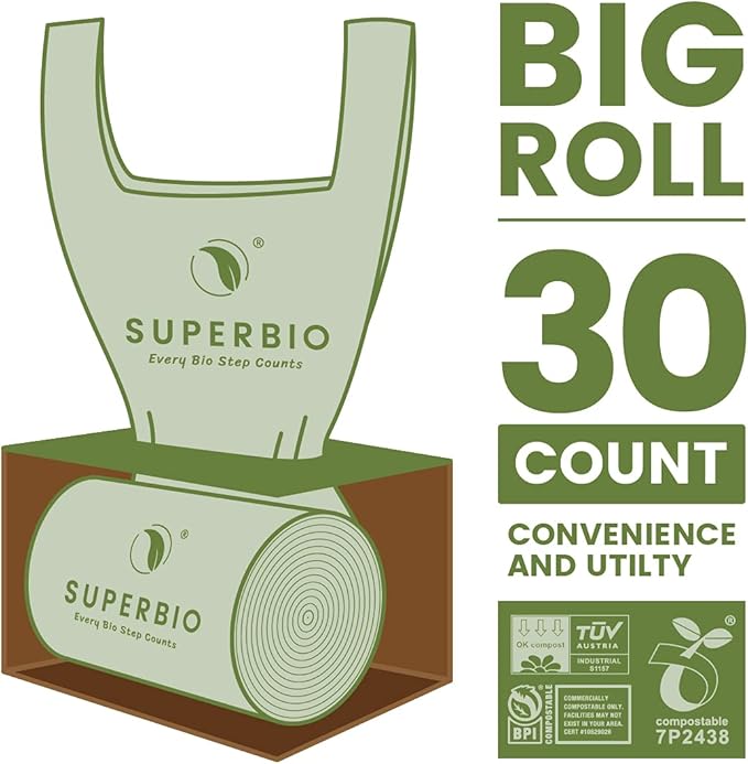 SUPERBIO 13 Gallon Handle Tie Compostable Food Waste Bags, 2 Pack, ASTM D6400