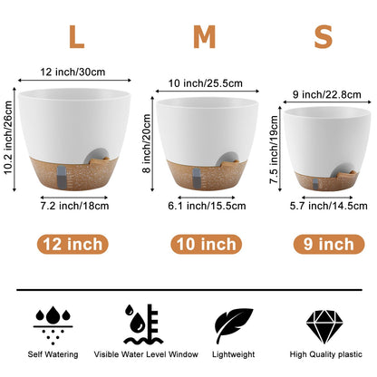 QRRICA 12/10/9 Inch Self-Watering Plant Pots with Water Level Indicator, Drainage Holes & Saucers – Large Plastic Planter Set for Indoor & Outdoor Plants (White)
