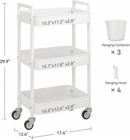 Nunsino 3 Tier Rolling Cart,Utility Cart with Locking Wheels, Hanging Cups,&Hooks, Heavy Duty Metal Storage Organizer Cart for Kitchen,Office, Bathroom,Craft Room,White