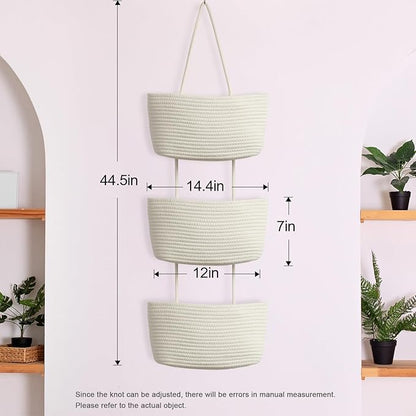 TeoKJ Over the Door Hanging Baskets, 3-Tier Woven Cotton Storage Organizer Bag