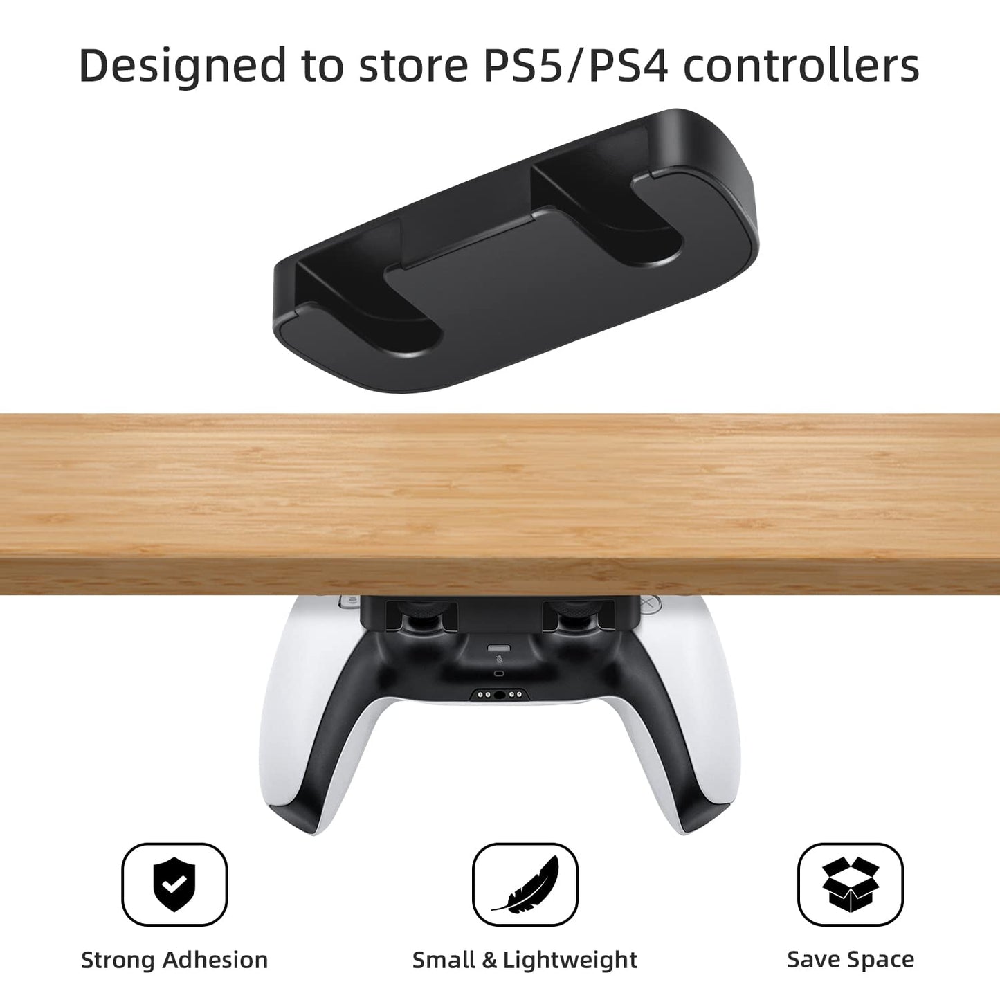 Mcbazel Under Desk Mount for PS5/PS4 Controller, PlayStation 5/PlayStation 4 Controller Holder, No Drill Adhesive Tape Table Stand, ABS Material, 2 Pack (Not for PS5 Slim/PS5 Pro)
