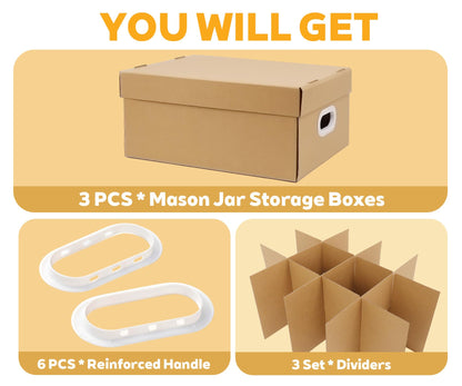 DERZIFUN 3 Pack Canning Jar Storage Boxes, 32 oz Mason Jar Storage Boxes with Dividers, Mason Organizer with Handles