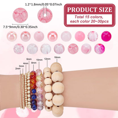 PH PandaHall 450pcs 8mm Pink Glass Beads, 15 Style Crackle Beads Baking Painted Bead Acrylic Loose Bead Spacers for Friendship Bracelets Necklaces Jewelry Making Mother's Day Wedding Birthday
