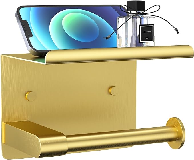 GLNLQ Brushed Gold Toilet Paper Holder Wall Mount, Fits Mega Rolls Size Rustproof Self Adhesive Brushed Brass Toilet Paper Holder Gold with Shelf