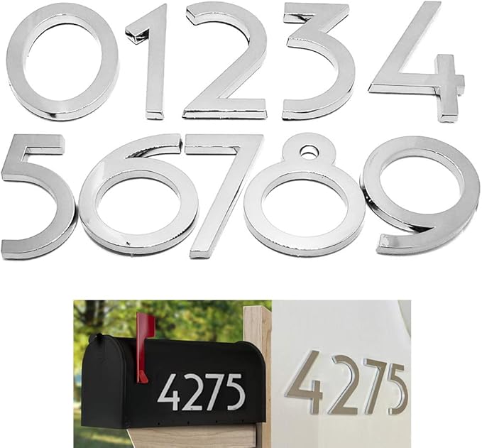 10 Pack Mailbox Numbers 0-9, 2.76 Inch High, Door Address Numbers Stickers for Apartment, House, Room, Office, Cars, Trucks, Silver Plating Process Number Sign