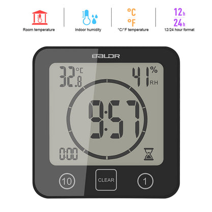Digital Bathroom Shower LCD Wall Clock with Suction, Waterproof Temperature Humidity Gauge, Touch Screen Timer, Large Countdown Timer (Black)