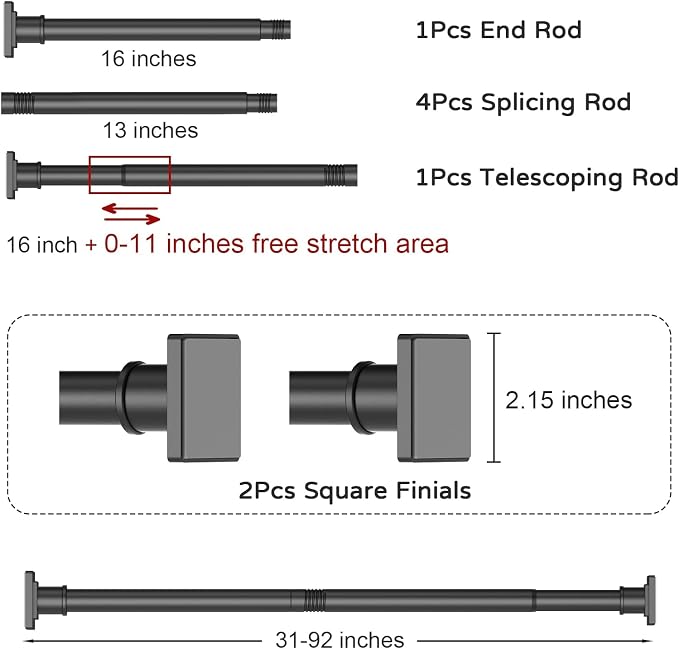 UIOSANRT Tension Shower Curtain Rod 31-92 Inches Non-Slip Shower Rod Tension Mounted No Drill Black Shower Curtain Rods Spring Tension Rod for Windows Bathroom