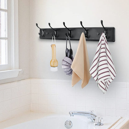 Badiano Wooden Coat Rack, Wall-Mounted Organizer for Closet, Entryway, Hallway, Foyer, Bedroom, Heavy Duty Double Hooks for Hanging Towels, Bags, Hats, Jackets, Key (Black, 5 Hooks)