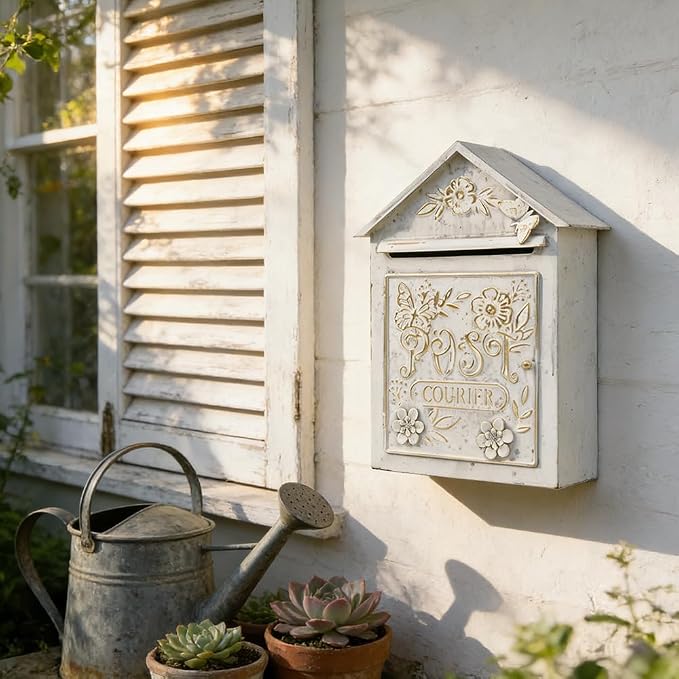 Vintage White Wall Mount Mailbox for Outside, Metal Post Box Decorative Antique Style Mail Drop Box for House Decor(White)