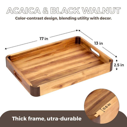 17 x 13 Inch Acacia Wood Serving Tray with Handles, Decorative Wooden Tray Featuring Dark Walnut-Tone Curved Corner Accents for Coffee Table, Ottoman & Kitchen Counter...
