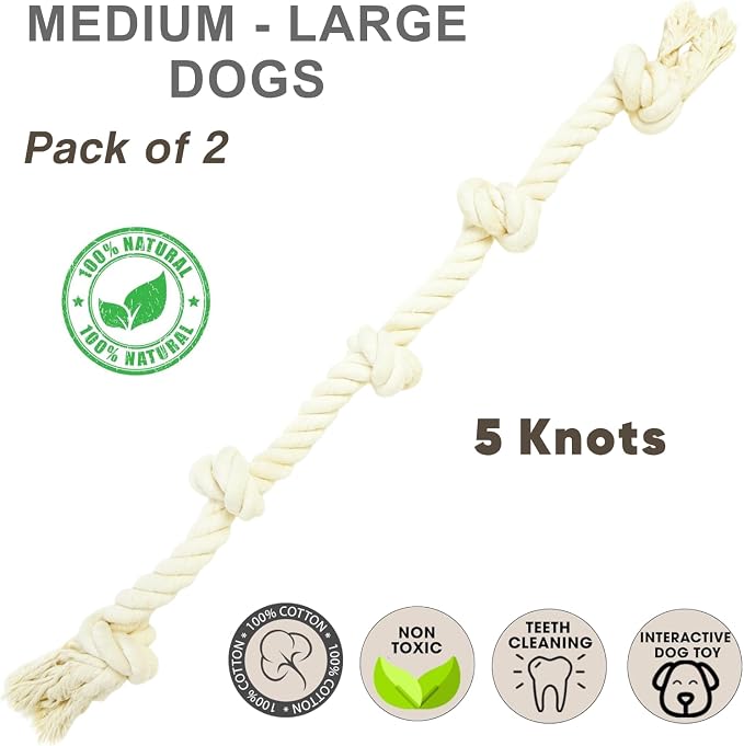 Dog Rope Toys for Large/Medium Aggressive Chewers, Tough Cotton Chew Toy, 39 Inch 5 Knots Indestructible, Tug of War Dog Pull Rope Teeth Cleaning (5 Knots (Pack of 2))