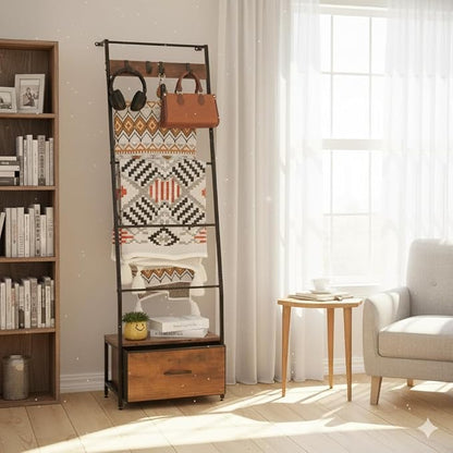 Metal Blanket Ladder with Storage Drawer, 5 Tier Black Blanket Ladders for the Living Room with Hooks, 5.2ft Wall Leaning Quilt Ladder for Blankets, Towels & Throws, Farmhouse Decor