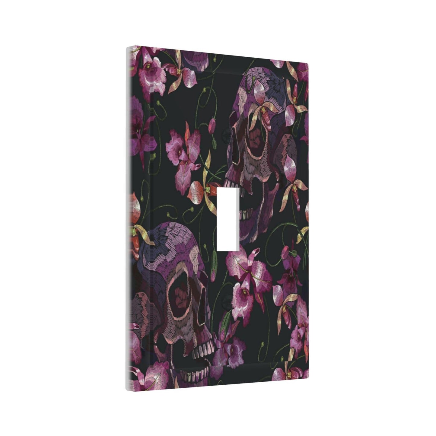 Gothic Purple Skull 1 Gang Light Switch Plate Single Toggle Wall Plate Cover Electrical Switchplate Faceplate Spooky Skeleton Goth Retro Flower Floral Halloween Plant Leaves Botanical Scary Room Decor