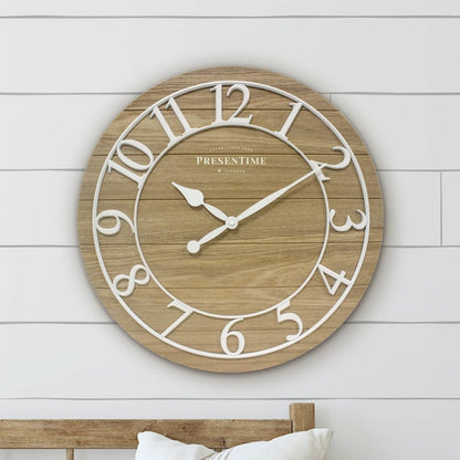 Presentime & Co Classic Farmhouse Shiplap Clock, 19.5 inch, White Arabic Numerals with Ash Wood Shiplap Style. Large Farmhouse Decor for Living Room, Entryway, Home Office, Wall Décor