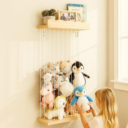 Sunifier Adjustable Stuffed Animal Storage with Shelf (Patented) - Large Wooden Hanging Plush Toy Organizer - Corner Stuffy Animals Hammock Net Holder for Kids Room, Nursery, Bedroom