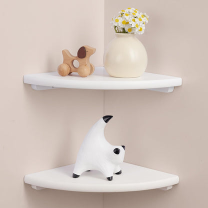 Gieanoo Floating Corner Shelves Set 2 9inch White Solid Oak Rounded Corner Shelves Wall Mounted with Cable Hole Wood Corner Hanging Shelves for Living Room Bedroom Bathroom Kitchen
