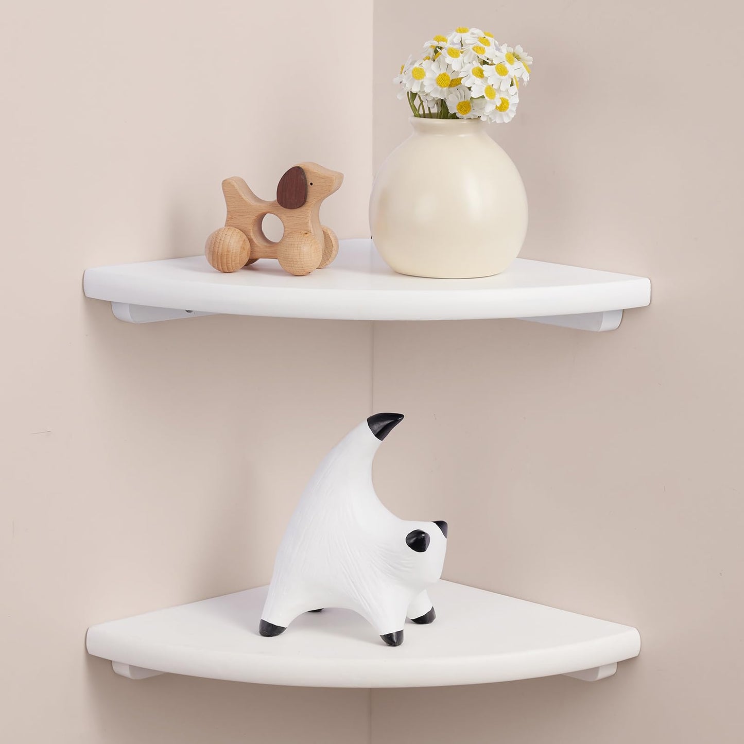 Gieanoo Floating Corner Shelves Set 2 7inch White Solid Oak Rounded Corner Shelves Wall Mounted with Cable Hole Wood Corner Hanging Shelves for Living Room Bedroom Bathroom Kitchen