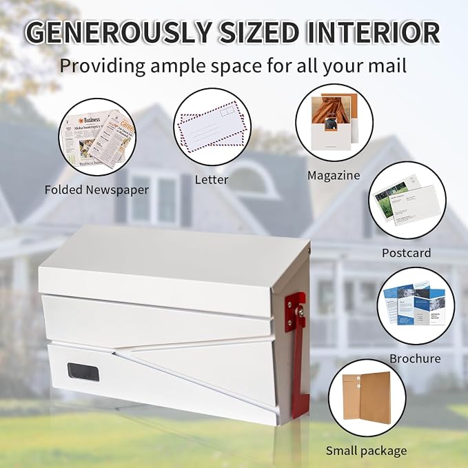 Ydocabinit Wall Mount Mailbox, Large Capacity Mailbox for House, with Flag, Visibility Galvanized Steel Rust-Proof Metal Post Drop Box, Mailboxes for Outside 15.74"×9.84"×4.33" Solar Lanterns White