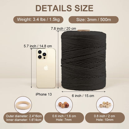 Macrame Cotton Cord 3mm x 547yds, ZUEXT Natural Handmade Black Braided Cords 4 Strands Knitted Rope String for Craft Wall Hanging Weaving Tapestry Dream Catchers Hanger DIY Gift (500m)