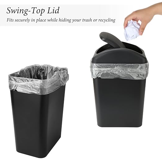 ABuff Small Lidded Trash Can, 12 Liter/3 Gallon Black Plastic Garbage Bin with Lid for Office, Bedroom, Bathroom