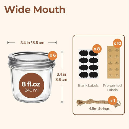 ComSaf Wide Mouth Mason Jars with Lids 8 oz 6Pcs, Half Pint Small Mason Containers, Canning Jars for Jam, Jelly, Meal Prep, Overnight Oats, Yogurt Parfait, Shower Wedding Favors, DIY Candles Decor
