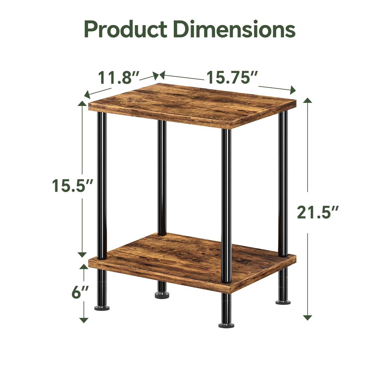 Simple Trending Side Table, Small End Table Living Room, Nightstand with 2 Tier Storage Shelves, Rustic Brown