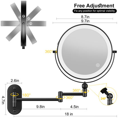 9" Wall Mounted Lighted Makeup Mirror,4000mAh Rechargeable Double Sided 1X/10X Magnifying Mirror with Light,3 Color Lights,Touch Dimmable,Extended Arm 360 Rotation Wall Mounted Makeup Mirror