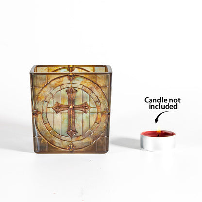 Square Glass Vanity Organizer Religious Cross Altar Ofrenda Qtip Holder Makeup Brush Holder Pen Cup Tealight Candle Holder Table Decor Green