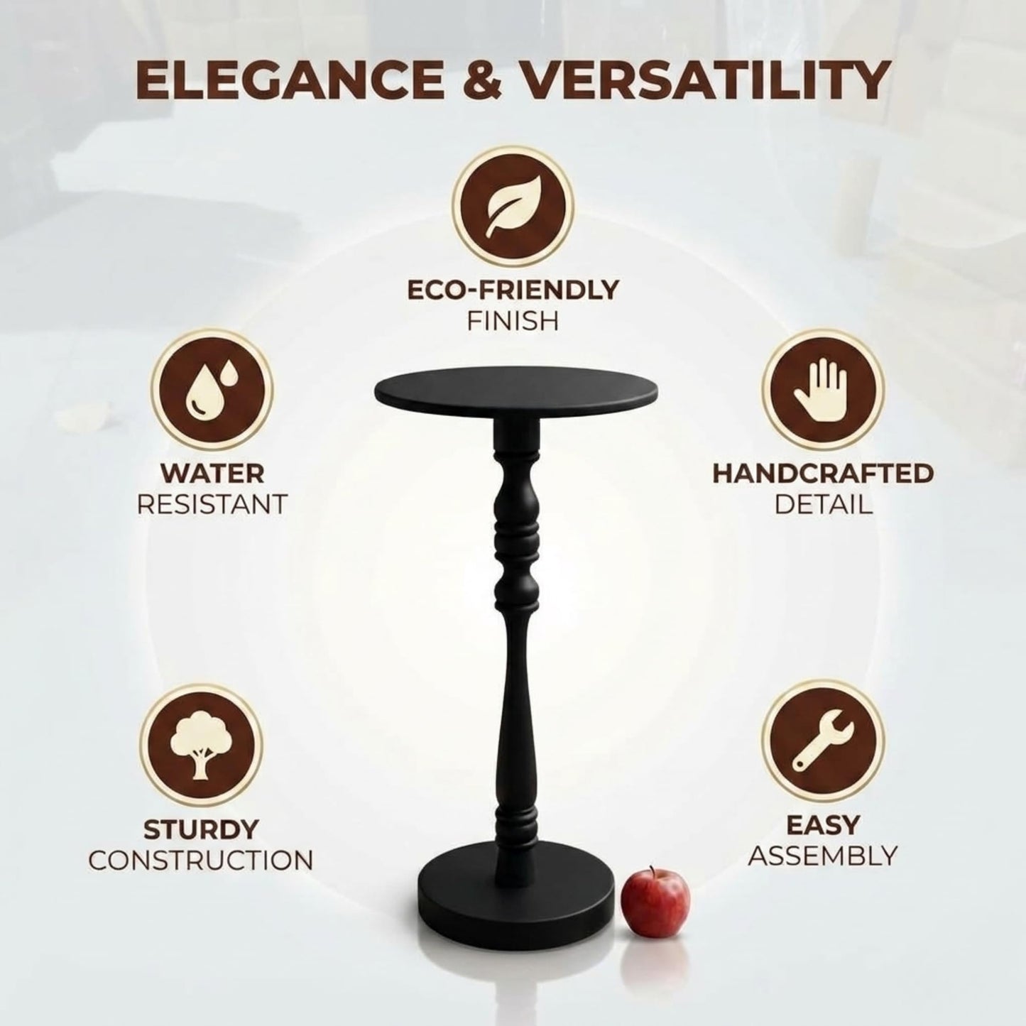 Relso Stambha Solid Wood Drink Table - 24" Tall Round Accent Side Table, Handcrafted Black Finish, Mango Wood, Perfect for Living Room, Bedroom or Indoor Plant Stand, 12" Compact Top