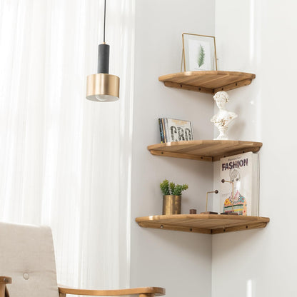 Conamily Corner Shelf, 7inch Solid Oak Wood Floating Corner Shelf Wall Mount Round End Floating Speaker Shelves with Wire Hole for Small Plant Photo Frame for Bedroom Kitchen, Living Room