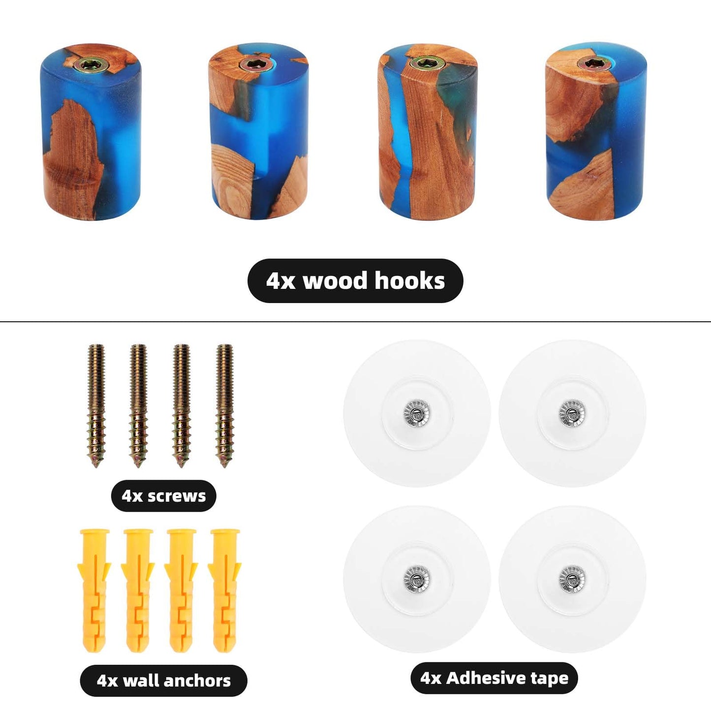 Loongresinwood Resin Wooden Wall Hooks, Modern Decorative Wooden Wall Pegs, 4 Pack Hat Handmade Decorative Hooks Minimalist for Hanging Robe, Towels, Coats,Purse (Blue)