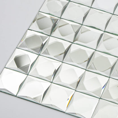 Lovdeco Peel and Stick 2" Mirror Glass Mosaic Tile 9 Faces Beveled Silver Crystal Mosaic Tile for Kitchen Backsplash, 12x10 Inch, 5 Sheets