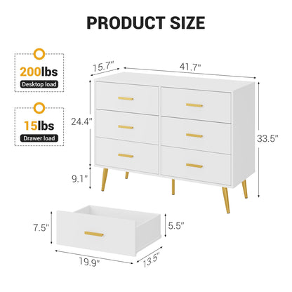 IDEALHOUSE 6 Drawer Dresser, Modern Wooden Chest of Drawers with Gold Handles, Deep Drawers for Bedroom, Living Room and Entryway, White