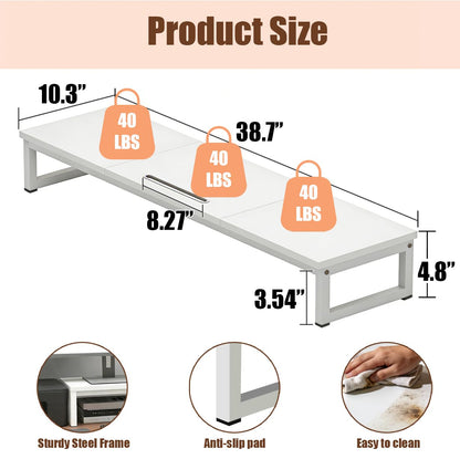 huacz Dual Monitor Stand Riser, 38.7'' Long Wood and Steel Monitor Stand for 2 Monitors, Ergonomic Desktop Organizer with Tablet Stand for Computer,Laptop,TV (White)