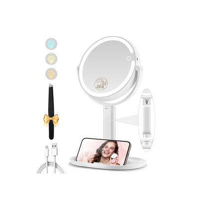 Makeup Mirror with Lights, Double Sided 1x/20x Magnifying Mirror with Light, Rechargeable 3 Color Lights and Adjustable Brightness, 360° Rotation Detachable Comes with Tweezer(Black)