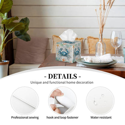 Tissue Box Cover PU Leather Square Tissues Holder Ocean Blue Crab On Wooden Decorative Facial Paper Organizer Dispenser for Bedroom Bathroom Vanity,Home Office Car