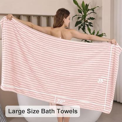 Oliven 8 Pcs Pink Cabana Stripe Large Bath Towels Set Oversized Bath Sheet-2