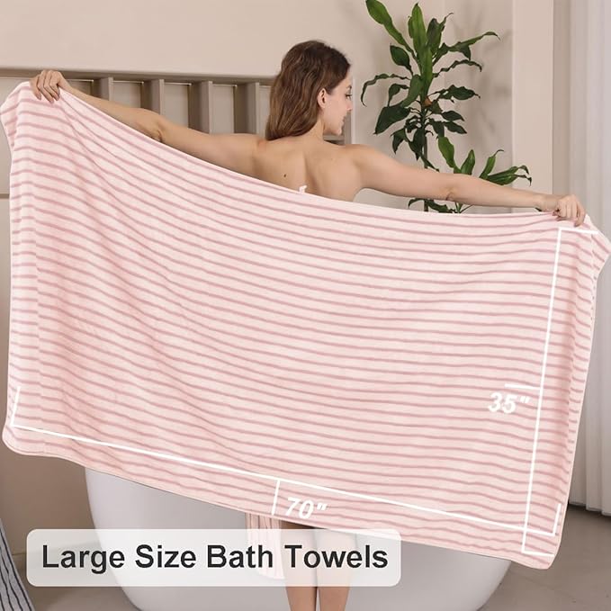 4 Piece Pink Cabana Stripe Large Bath Towels 35"x70" Oversized Bath Sheet Super