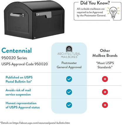 Architectural Mailboxes 950020B-10 Centennial Postmount Mailbox, XL, Black | Galvanized steel build for outside with rust-resistant powder-coat finish and a magnetic door closure. USPS approved.