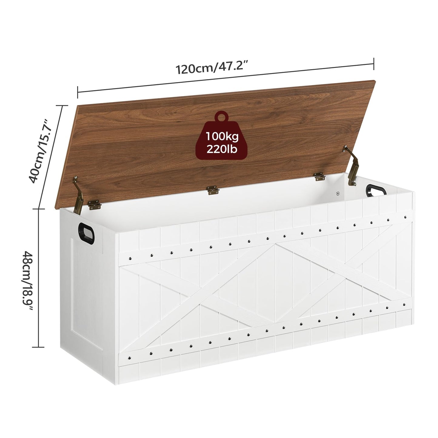 MAHANCRIS 47.2" Storage Chest, Extra Large Toy Box with 2 Safety Hinges, Wooden Toy Chest, Storage Bench with Rivets, Storage Trunk for Bedroom, Living Room, Entryway, White and Brown SCBZ18501