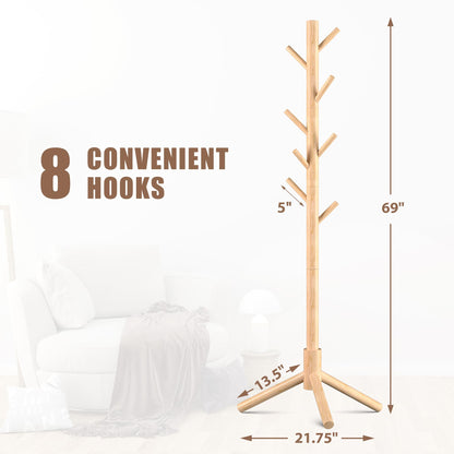Haddockway Wooden Coat Rack Stand with 8 Hooks New Zealand Pine 3 Adjustable Coat Standing Tree Easy Assembly for Coats, Hats, Scarves and Handbags for Entryway, Hallway, Bedroom, Office