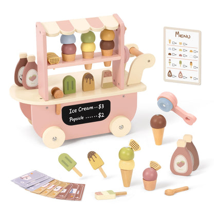 OOOK Wooden Ice Cream Cart for Kids, Ice Cream Truck Toy with Scooper & Wheels, Play Kitchen Accessories for Pretend Play with Menu & Pretend Money, Imaginative Preschool Toys for Girls & Boys 3+