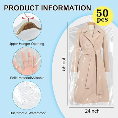 BEISHIDA 50PCS 60 Inch Plastic Garment Bag-Plastic Clear Dry Cleaner Laundry