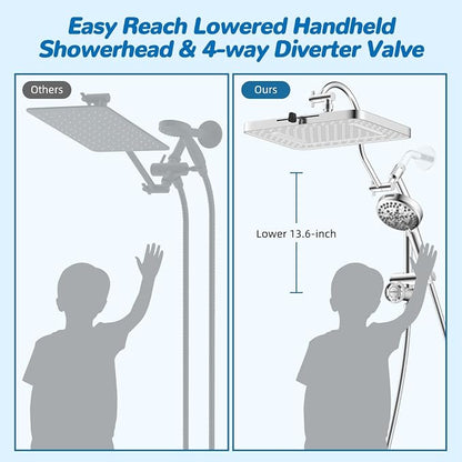 Hibbent cUPC Certified 13'' Shower Head Combo, High Pressure 5 Spray White Rainfall Showerhead, 10 Spray Handheld, All Metal Easy Reach 4-way Diverter Arm with Pause Mode, 71'' Hose and Holder, Chrome