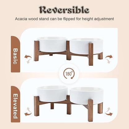 SPUNKYJUNKY Ceramic Dog Bowls with Acacia Wood Stand - Raised Dog Food and Water Bowl Set for Small Dogs (13.52 OZ, White)
