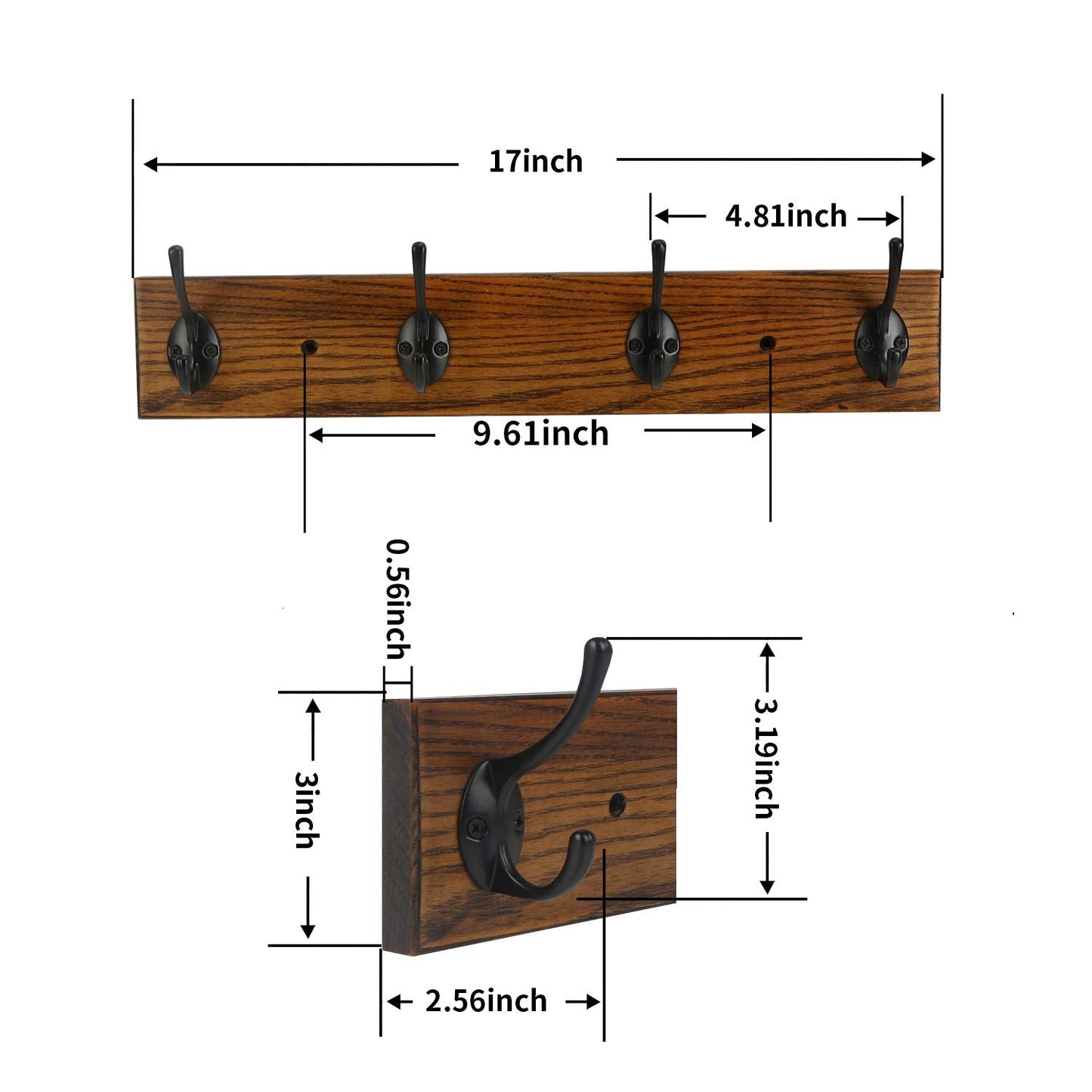 YTJG Coat Rack Wall Mounted, Wall Coat Rack with 4 Rustic Coat Hooks, 17” Entryway Ash Wood Coat Hanger Rail Hooks for Hanging Coats Hats, Perfect for Bedroom Bathroom Kitchen